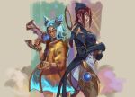  2girls absurdres armored_boots black_gloves blue_hair book boots brown_background camille_(league_of_legends) cowboy_shot elaimart from_side gem gloves grin gun hair_horns hair_ornament hand_up highres holding holding_gun holding_weapon jacket league_of_legends long_sleeves medium_hair multicolored_clothes multicolored_jacket multiple_girls nail_polish ocean_song_zeri official_alternate_costume orange-tinted_eyewear red_hair smile standing sunglasses teeth tinted_eyewear weapon zeri_(league_of_legends) 