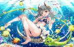  1girl :d animal ass bare_arms bare_legs bare_shoulders barefoot bikini black_bikini blue_bow bow breasts clownfish commentary_request dragon_girl dragon_horns dragon_princess_(z/x) dragon_tail fish fish_request floating_hair flower frilled_bikini frills fujima_takuya full_body grey_hair hair_between_eyes hair_flower hair_ornament hands_up horns long_hair looking_at_viewer navel official_art red_eyes small_breasts smile solo swimsuit tail underwater water white_flower z/x 