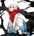  1girl blood blood_from_mouth blue_footwear blue_gloves boots dress gloves grey_eyes lobotomy_corporation nishikujic open_mouth personification project_moon punishing_bird short_hair simple_background sitting_on_branch sleeveless sleeveless_dress solo tree white_background white_dress white_hair 