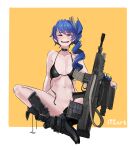  1girl absurdres artist_name assault_rifle belt_boots black_footwear blue_gloves blue_hair blush bolt_action boots bottomless breasts bullpup choker collarbone daewoo_k11 earrings gen_uma_mai girls&#039;_frontline gloves grenade_launcher gun highres indian_style jewelry k11_(girls&#039;_frontline) leather_choker long_hair messy_hair navel one_eye_closed open_mouth orange_background red_eyes rifle scope side_ponytail single_earring sitting smile teeth two-tone_background two-tone_gloves untied_bikini_top upper_teeth_only weapon white_background yellow_gloves 