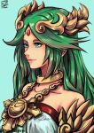  1girl aqua_eyes artist_logo bare_shoulders blue_background forehead_jewel green_hair jewelry kid_icarus kid_icarus_uprising light_smile palutena pendant solo stoic_seraphim twitter_username upper_body 