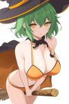  1girl bikini black_cape breasts broom broom_riding cape chest_tattoo earrings green_hair halloween hat highres hikage_(senran_kagura) jewelry large_breasts looking_at_viewer medium_hair navel orange_bikini senran_kagura simple_background stomach surippa1010 swimsuit tattoo white_background witch_hat yellow_eyes 