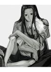  2boys black_eyes black_hair blood brothers ctfsxxrt fingernails grey_hair highres hug hug_from_behind hunter_x_hunter illumi_zoldyck killua_zoldyck long_hair looking_down looking_up male_focus multiple_boys on_lap scratches short_hair siblings simple_background sitting 