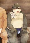  anthro asian_clothing belly blush bodily_fluids breath canid canine canis clothing domestic_dog duo east_asian_clothing fundoshi fur grey_body grey_fur hi_res human inutora08 japanese_clothing lifewonders male mammal moritaka musclegut navel panting pecs sauna scar steam sweat tokyo_afterschool_summoners towel underwear 