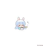  0725akaba 1girl animal_ears blue_hair blue_shirt blush_stickers chibi closed_eyes collared_shirt cropped_torso cup highres holding holding_cup hololive long_hair long_sleeves mug negative_space open_mouth rabbit_ears shirt short_eyebrows simple_background solo steam thick_eyebrows twitter_username upper_body usada_pekora virtual_youtuber white_background 