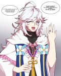  1boy absurdres ahoge black_shirt fate/grand_order fate_(series) frills hand_on_own_hip highres hyperbudd jewelry long_hair merlin_(fate) pink_eyes ribbon ring robe shirt simple_background smile speech_bubble wedding_ring white_hair white_robe 