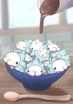  animal_focus black_eyes blush bowl closed_eyes highres indoors no_humans noir_(noir_0010) pokemon pokemon_(creature) pouring rice_bowl sauce signature snom solid_circle_eyes sparkle table too_many window wooden_spoon wooden_table 