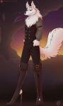  absurd_res anthro armband boots canid canine canis clothing dark_sclera digital_media_(artwork) drxii footwear fur gellert hi_res high_heels long_legs looking_at_viewer male mammal outside tail white_body white_fur wolf 