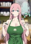  2girls apron aqua_eyes aqua_hair bare_shoulders barista blurry blurry_background breasts cafe coffee_cup cup disposable_cup english_commentary english_text ge-b green_apron hatsune_miku headset highres holding holding_cup holding_marker holding_pen iced_latte_with_breast_milk_(meme) large_breasts long_hair looking_at_viewer marker megurine_luka meme multiple_girls naked_apron nearly_naked_apron pen pink_hair smile twintails very_long_hair vocaloid 