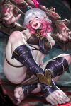  1girl ahoge black_bra black_panties blood blood_on_ground bra breasts briar_(league_of_legends) colored_sclera detached_sleeves english_commentary feet fingernails foot_focus full_body gradient_hair grey_hair grey_nails hair_between_eyes highres indoors knees_up league_of_legends legs looking_at_viewer medium_breasts medium_hair mixed-language_commentary multicolored_hair nail_polish neoartcore no_pupils no_shoes on_ground open_mouth paid_reward_available panties patreon_username pink_hair pointy_ears red_sclera sharp_fingernails sharp_teeth sidelocks sitting solo stirrup_legwear teeth thai_commentary thigh_strap thighs toeless_legwear toenail_polish toenails toes tongue two-tone_hair underwear vampire white_eyes wrist_cuffs 