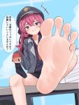  1girl absurdres barefoot blue_archive blush feet foot_focus greek_toe grin hat highres holding_sock iroha_(blue_archive) looking_at_viewer lts_kakuyo presenting_foot red_hair sitting smile soles solo speech_bubble toes translation_request unworn_socks 