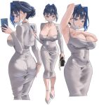  1girl archinoer armpits ass black_bag blue_eyes blue_hair blue_nails breast_tattoo breasts cellphone choker colored_inner_hair covered_navel dongtan_lady_(k_pring) dress earrings hair_bun hair_intakes highres holding holding_phone hololive hololive_english impossible_clothes impossible_dress jewelry large_breasts looking_at_viewer mask mouth_mask multicolored_hair multiple_views necklace ouro_kronii phone short_hair single_hair_bun smartphone surgical_mask tattoo virtual_youtuber white_choker white_dress white_footwear 