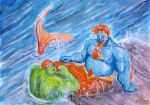  alexyorim blue_body blue_skin body_hair chest_hair duo gouache_(artwork) green_body green_skin hair hi_res humanoid male marine merfolk musclegut orange_tail orc painting_(artwork) red_hair rock scar smile smiling_at_each_other split_form tail traditional_media_(artwork) tusks water wet 