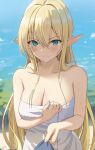  1girl bare_shoulders blonde_hair blush breasts commentary elf green_eyes highres large_breasts long_hair looking_at_viewer may9 original pointy_ears sidelocks solo towel very_long_hair wet 