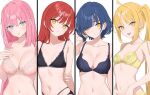  4girls absurdres ahoge black_bra blonde_hair blue_eyes blue_hair blush bocchi_the_rock! bra breasts cleavage closed_mouth collarbone gotoh_hitori hair_between_eyes highres ijichi_nijika kita_ikuyo large_breasts long_hair medium_breasts multiple_girls navel one_side_up open_mouth pink_bra pink_hair red_hair short_hair small_breasts smile sutochan underwear yamada_ryo yellow_bra yellow_eyes 