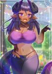  1girl :d bare_shoulders black_hair black_panties black_pants blurry blurry_background breasts cleavage collarbone commentary_request commission criss-cross_halter dark-skinned_female dark_skin depth_of_field fang groin hair_between_eyes halterneck hand_on_own_hip highleg highleg_panties horns kou_hiyoyo large_breasts looking_at_viewer lowleg lowleg_pants navel o-ring o-ring_bottom o-ring_panties original panties pants pointy_ears purple_eyes skeb_commission smile solo tail underwear 