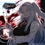  1girl alcohol angela_(project_moon) black_vest blood blood_splatter blue_hair breasts champagne champagne_flute closed_eyes collared_shirt commentary_request cup drinking_glass english_text holding holding_cup ko-on_(ningen_zoo) lab_coat large_breasts light_blue_hair lobotomy_corporation long_hair long_sleeves necktie project_moon red_necktie shirt side_ponytail smile solo upper_body vest white_shirt 
