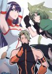  1boy 2girls absurdres achilles_(fate) achilles_(fearless_diver)_(fate) animal_ears armband arms_up atalanta_(fate) black_shirt black_thighhighs blush breasts cleavage closed_eyes detached_collar elbow_gloves fate/grand_order fate_(series) gauntlets gloves goggles goggles_on_head green_eyes green_hair grey_eyes hand_on_own_chin haruakira highres large_breasts large_pectorals leotard long_hair martha_(fate) multiple_girls pectorals purple_hair shirt sleeveless sleeveless_shirt tail thighhighs thinking turtleneck white_background white_gloves white_leotard 