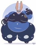  2021 air_inflation anthro belly big_belly big_breasts breasts buckteeth clothing dedoarts disney female fingerless_gloves fur gloves grey_body grey_fur handwear hi_res huge_breasts huge_thighs inflatable inflatable_clothing inflation judy_hopps lagomorph leporid mammal police_uniform purple_eyes rabbit solo teeth thick_thighs tube uniform zootopia 