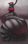  2020 accidentalaesthetics anthro apode big_breasts big_tail black_body black_fur black_hair bottomless breasts clothed clothing cuff_(restraint) draconcopode dungeon fangs felid female fur grey_eyes hair hi_res highlights_(coloring) hose hose_inflation inflation lamia legless mammal pink_clothing pink_highlights pink_nose pink_topwear reptile restraints sabertooth_(anatomy) scalie serpentine shackles shaded snake solo split_form tail teeth topwear tube_top 