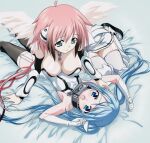  2girls ahoge bare_shoulders black_thighhighs blue_eyes blue_hair breasts broken broken_chain chain cleavage collar dress feathered_wings garter_straps green_eyes ikaros large_breasts long_hair lying lying_on_person multiple_girls nymph_(sora_no_otoshimono) official_art on_back open_mouth pink_hair robot_ears small_breasts sora_no_otoshimono strapless strapless_dress thighhighs twintails very_long_hair watanabe_yoshihiro white_dress white_footwear white_thighhighs white_wings wings yuri zettai_ryouiki 