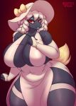  2023 anthro artist_name big_breasts breasts clothed clothing complextree digital_media_(artwork) english_text eyebrows female fingers furfrou generation_6_pokemon hat headgear headwear hi_res huge_breasts legwear looking_at_viewer mammal nintendo pokemon pokemon_(species) solo text thick_thighs url 