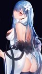  1girl absurdres ass azur_lane bare_back bare_shoulders black_background black_thighhighs blue_eyes blush breasts coat eyes_visible_through_hair flower from_behind fur-trimmed_coat fur_trim hair_flower hair_ornament hair_over_one_eye highres large_breasts leotard long_hair looking_at_viewer looking_back parted_lips purple_eyes simple_background solo suimo_(suimodayo) thighhighs voroshilov_(azur_lane) white_coat white_leotard wide_sleeves 