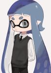  1girl black_necktie blue_hair blunt_bangs closed_mouth collared_shirt frown grey_eyes grey_sweater_vest highres inkling inkling_girl light_blue_hair long_sleeves necktie pointy_ears shirt shou_(mori_boro) simple_background solo splatoon_(series) sweater_vest tentacle_hair white_background white_shirt 