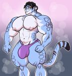  abs anthro big_muscles big_pecs black_hair blue_body blue_fur bulge clothed clothing felid fur fur_markings green_eyes grin hair hi_res huge_pecs leopard male mammal markings muscular muscular_anthro muscular_male navel nipples pan_(sxfpantera) pantherine pecs ratchetjak smile snow_leopard solo standing thick_thighs thong underwear white_body white_fur 