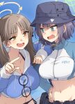  2girls absurdres aqua_eyes belt bikini black_headwear blue_archive blue_hoodie blue_jacket blush breasts brown_hair bucket_hat cropped_hoodie cropped_jacket glasses grey_hair halo hat highres hood hoodie jacket large_breasts long_hair long_sleeves looking_at_another moe_(blue_archive) moe_(swimsuit)_(blue_archive) multicolored_clothes multicolored_jacket multiple_girls navel official_alternate_costume open_mouth pouch raglan_sleeves rash_guard round_eyewear saki_(blue_archive) saki_(swimsuit)_(blue_archive) short_hair sidelocks somechime_(sometime1209) swimsuit twintails two-tone_jacket utility_belt white_jacket yellow_eyes 