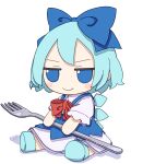  1girl absurdres blue_bow blue_dress blue_eyes blue_footwear blue_hair bow cirno closed_mouth collared_shirt dress fairy fork full_body fumo_(doll) hair_bow highres ice ice_wings kame_(kamepan44231) shirt shoes short_hair short_sleeves simple_background smile solo touhou white_background white_shirt wings 