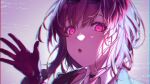  1girl atychi backlighting black_choker choker collared_shirt commentary gloves hand_up highres honkai:_star_rail honkai_(series) kafka_(honkai:_star_rail) looking_at_viewer open_mouth portrait purple_eyes purple_gloves purple_hair shirt short_hair solo symbol-only_commentary 