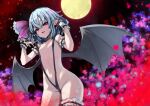  1girl bat_wings black_one-piece_swimsuit blue_hair breasts clothes_pull commentary full_moon hair_ribbon looking_at_viewer moon navel one-piece_swimsuit one-piece_swimsuit_pull open_mouth outdoors pointy_ears pulled_by_self red_eyes red_ribbon remilia_scarlet ribbon short_hair slingshot_swimsuit small_breasts solo swimsuit thigh_strap touhou tousen wings 