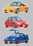  absurdres autozam_az-1 car convertible english_commentary grey_background gullwing_doors highres honda honda_beat motor_vehicle no_humans original simple_background spoiler_(automobile) suzuki_(company) suzuki_cappuccino vee_(427deer) vehicle_focus vehicle_name 