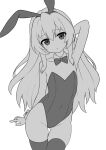  1girl :&lt; aisaka_taiga animal_ears arm_behind_back arm_behind_head arm_up armpits bare_shoulders bow bowtie closed_mouth collarbone commentary covered_navel cowboy_shot detached_collar dot_nose english_commentary fake_animal_ears flat_chest greyscale groin hair_between_eyes highres leotard light_blush long_hair looking_at_viewer mikoscrub monochrome rabbit_ears sidelocks simple_background skindentation solo standing straight_hair strapless strapless_leotard thighhighs toradora! very_long_hair white_background wrist_cuffs 