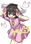  1girl 9302w_(user_wjpg8475) :d animal_ears black_hair carrot carrot_necklace dress highres inaba_tewi jewelry necklace open_mouth pink_dress rabbit rabbit_ears rabbit_pose rabbit_tail red_eyes short_hair simple_background smile tail touhou 