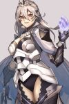  1girl armor black_leotard breasts cape cleavage corrin_(female)_(fire_emblem) corrin_(female)_(silent_bloodline)_(fire_emblem) corrin_(fire_emblem) crown dragonstone fire_emblem fire_emblem_fates fire_emblem_heroes frills gloves hair_between_eyes hair_ornament highres jewelry leotard long_hair looking_at_viewer official_alternate_costume pointy_ears red_eyes seinikuten shoulder_armor solo thighs upper_body white_hair 