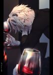  1boy 1other alchemy_stars alcohol black_shirt blush cup drinking_glass grey_eyes hair_between_eyes headband highres holding holding_cup looking_at_viewer male_focus navigator_(alchemy_stars) pillarboxed shirt smile solo_focus sonomi twitter_username white_hair wine wine_glass 