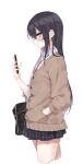  1girl absurdres bag black_hair blush cardigan cellphone hand_in_pocket highres looking_at_viewer mole mole_under_eye necktie original paid_reward_available phone pleated_skirt purple_eyes school_bag school_uniform skirt smartphone solo toshizou_(0714) 