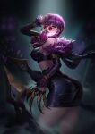  1girl bare_shoulders black_choker black_skirt breasts choker chromatic_aberration claw_(weapon) claws concert crop_top dailiangzueiai detached_sleeves earrings evelynn_(league_of_legends) glowstick headset highres idol jewelry k/da_(league_of_legends) k/da_evelynn league_of_legends lipstick long_hair looking_at_viewer looking_over_eyewear makeup medium_breasts official_alternate_costume official_alternate_hairstyle parted_lips pink-tinted_eyewear purple_hair round_eyewear skirt smile solo stage_lights sunglasses tinted_eyewear weapon yellow_eyes 