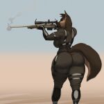  absurd_res aiming_weapon anthro big_breasts big_butt black_sclera breasts brown_body brown_fur butt canid canine canis domestic_dog female fur grey_eyes gun hi_res holding_object holding_weapon mammal mouth_closed outside popogori ranged_weapon rifle sniper_rifle solo standing tail weapon 