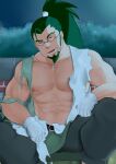 1boy abs absurdres bara bare_pectorals blue_eyes braid bulge facial_hair feet_out_of_frame goatee green_hair hechaxianzhi highres knee_up large_pectorals long_hair looking_at_viewer male_focus mature_male murakami_teppa muscular muscular_male navel nipples pectorals ponytail revenger seductive_smile shirt single_braid smile solo spread_legs stomach strongman_waist sweat thick_eyebrows thick_thighs thighs torn_clothes torn_shirt veins veiny_arms very_sweaty 