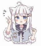  1girl :d ahoge animal_ears black_bow black_bowtie black_sailor_collar blue_eyes blush bow bowtie capelet cat_ears cat_girl cat_hair_ornament center_frills colon_br cropped_torso fang frilled_capelet frills grey_capelet hair_between_eyes hair_ornament hairclip hand_up long_hair long_sleeves looking_at_viewer notice_lines open_mouth original sailor_collar shirt sidelocks simple_background skin_fang smile straight-on straight_hair upper_body v variant_set white_background white_hair white_shirt 