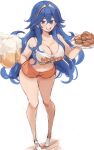  1girl :d alternate_costume beer_mug blue_eyes blue_hair breasts chicken_wing cleavage collarbone cup employee_uniform english_commentary fire_emblem fire_emblem_awakening foam full_body hair_between_eyes highres holding holding_cup holding_plate hooters large_breasts leaning_forward long_hair looking_at_viewer lucina_(fire_emblem) midriff mug navel orange_shorts owl_print plate print_tank_top rakeemspoon short_shorts shorts smile solo standing tank_top tiara uniform upper_body waitress white_background 
