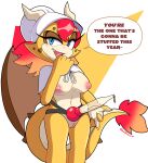  absurd_res anthro areola breasts dialogue english_text female genitals hi_res horn navel nipples open_mouth open_smile pussy scalie senshion smile solo text turkey_baster 