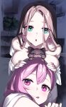  2girls :q animal_between_breasts blue_eyes breast_press breasts brown_hair cat chestnut_mouth earrings hand_on_another&#039;s_head highres indoors jewelry large_breasts long_hair looking_at_viewer multiple_girls original pink_eyes pink_hair plant tongue tongue_out yaguo 