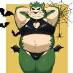  1:1 anthro belly blush bulge canid canine canis clothed clothing domestic_dog eyebrows fur green_body green_fur halloween halloween_costume hi_res holidays latex lifewonders live_a_hero male mammal mokdai moobs navel overweight skimpy solo spider_web thick_eyebrows thong underwear yaki_atsuage 