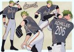  1boy absurdres achilles_(fate) baseball baseball_bat baseball_mitt baseball_uniform belt black_belt black_shirt border character_name fate/grand_order fate_(series) gloves green_hair grey_shirt haruakira highres holding holding_baseball_bat male_focus multiple_views muscular muscular_male pants pitching running shirt short_hair sleeves_past_elbows sportswear swinging undercut white_gloves white_pants 