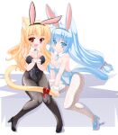  2girls animal_ears bare_shoulders black_footwear black_hairband black_leotard blonde_hair blue_eyes blue_footwear blue_hair blue_hairband blue_leotard bow breasts cat_ears cat_girl cat_tail cleavage collar commentary_request detached_collar fake_animal_ears fishnet_pantyhose fishnets grey_pantyhose groin hair_bow hairband high_heels highres kanijiru large_breasts leotard long_hair multiple_girls original own_hands_together pantyhose playboy_bunny purple_bow rabbit_ears red_eyes red_ribbon ribbon shoes signature strapless strapless_leotard tail tail_ornament tail_ribbon very_long_hair white_background white_collar wing_collar wrist_cuffs 