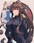  1girl alternate_costume animal_on_shoulder bird bird_on_shoulder breasts brown_hair cherry_blossoms flower hair_between_eyes hair_flower hair_intakes hair_ornament headgear highres himeyamato kantai_collection large_breasts long_hair long_sleeves looking_ahead military_uniform outside_border parted_lips red_eyes sidelocks solo uniform very_long_hair yamato_(kancolle) 